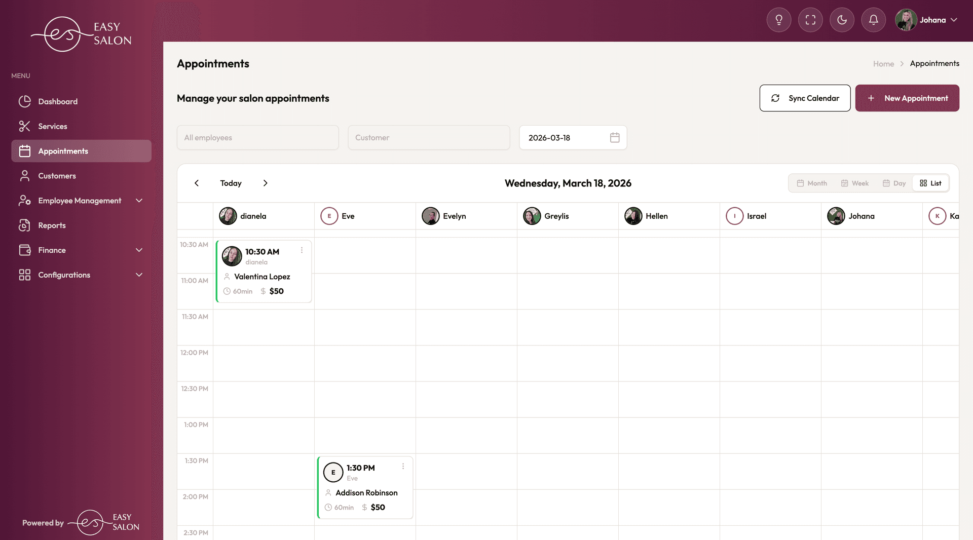 EasySalon appointments calendar showing 8 nail technicians side by side for Wednesday March 18, with booked slots for Valentina Lopez and Addison Robinson visible