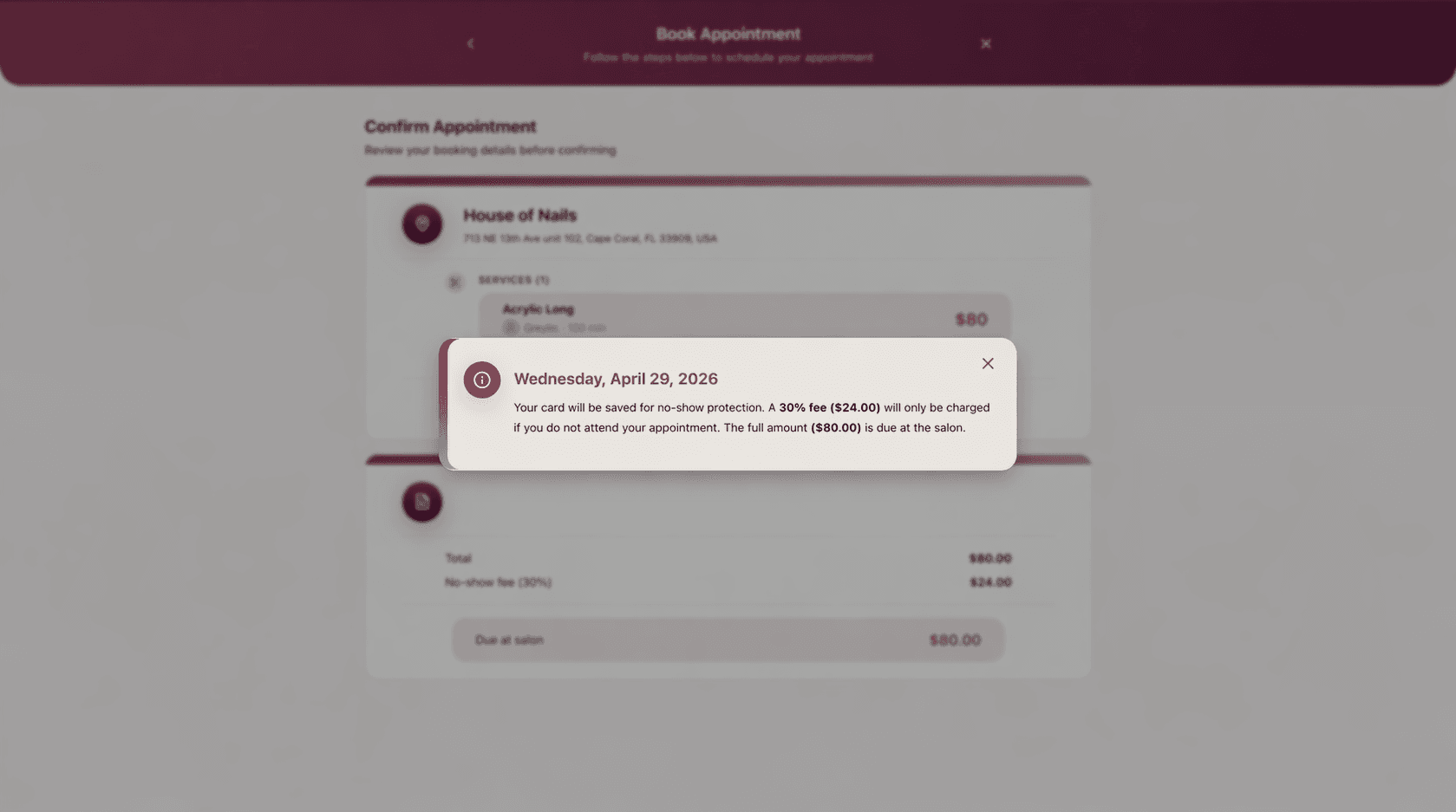 EasySalon no-show protection dialog showing 30% fee auto-charged if client doesn't attend, with full amount due at salon