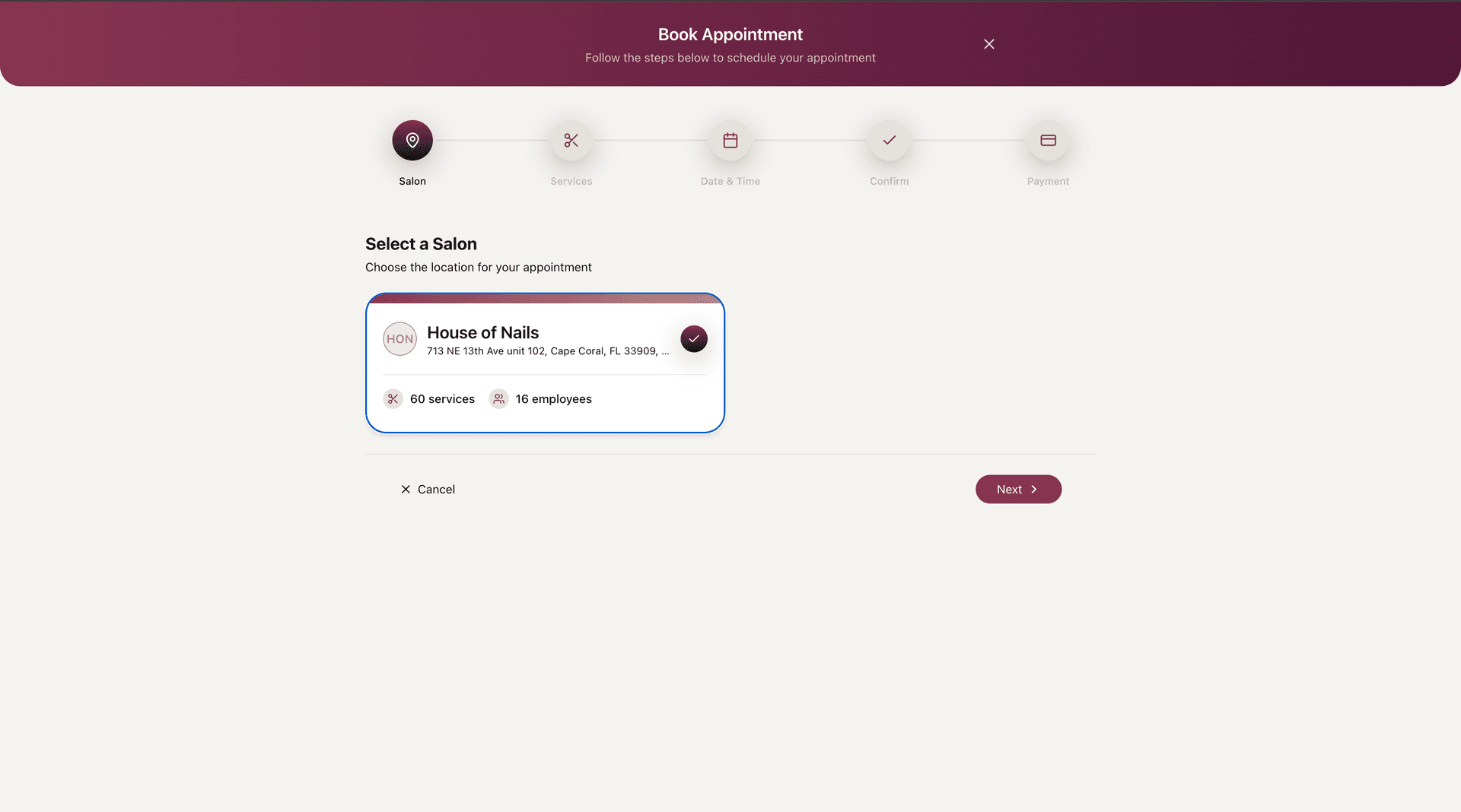 EasySalon online booking flow: client selects salon, services, date and time, and confirms appointment