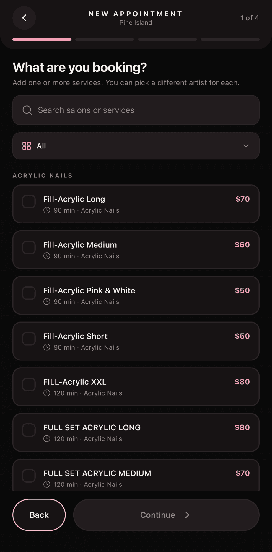 EasySalon client app booking step: a list of acrylic nail services with durations and prices, each selectable