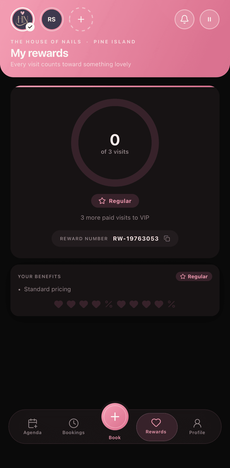 EasySalon client app rewards screen showing visit progress toward VIP, tier badge and reward number