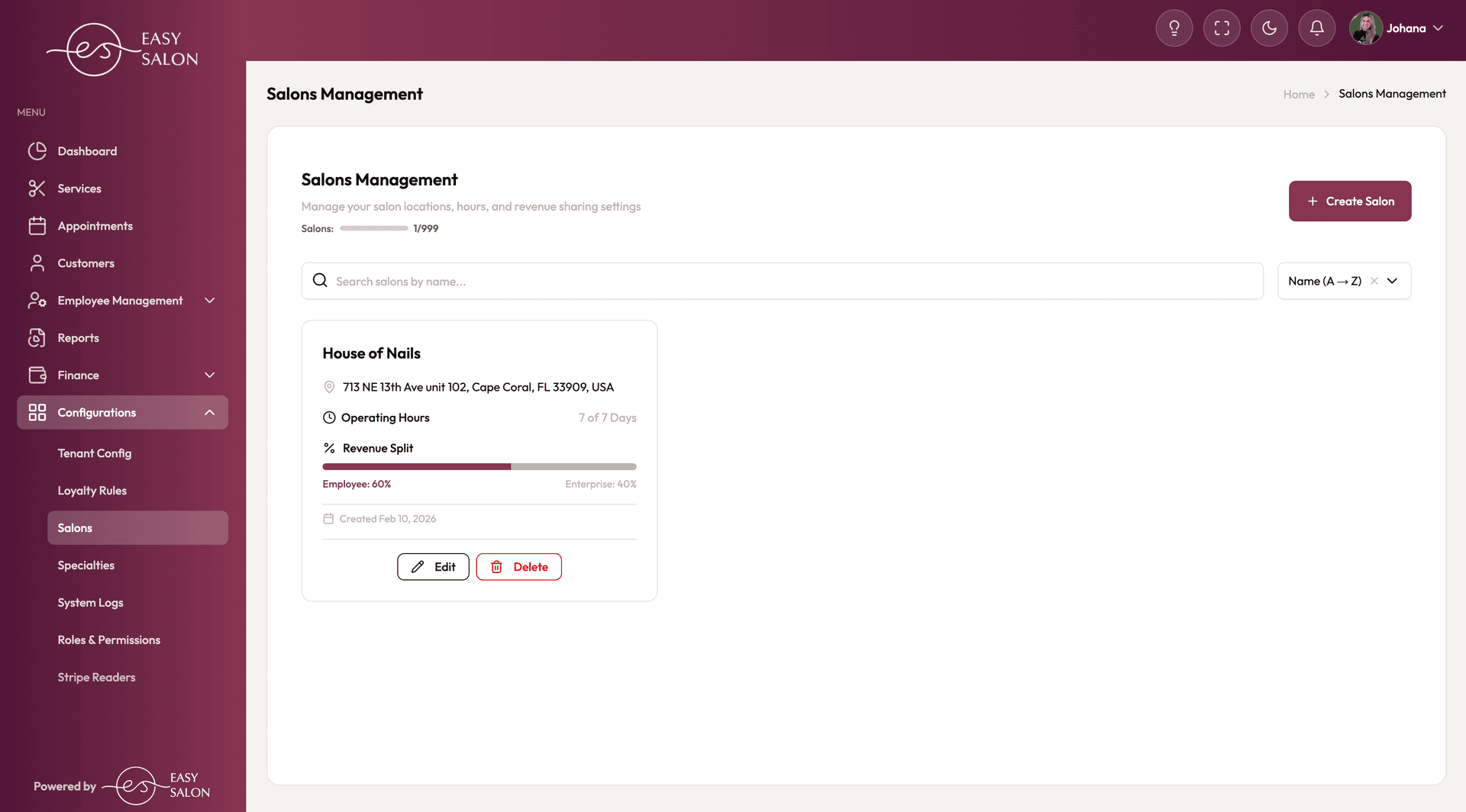 EasySalon salons management showing location details with operating hours and 60/40 employee-enterprise revenue split