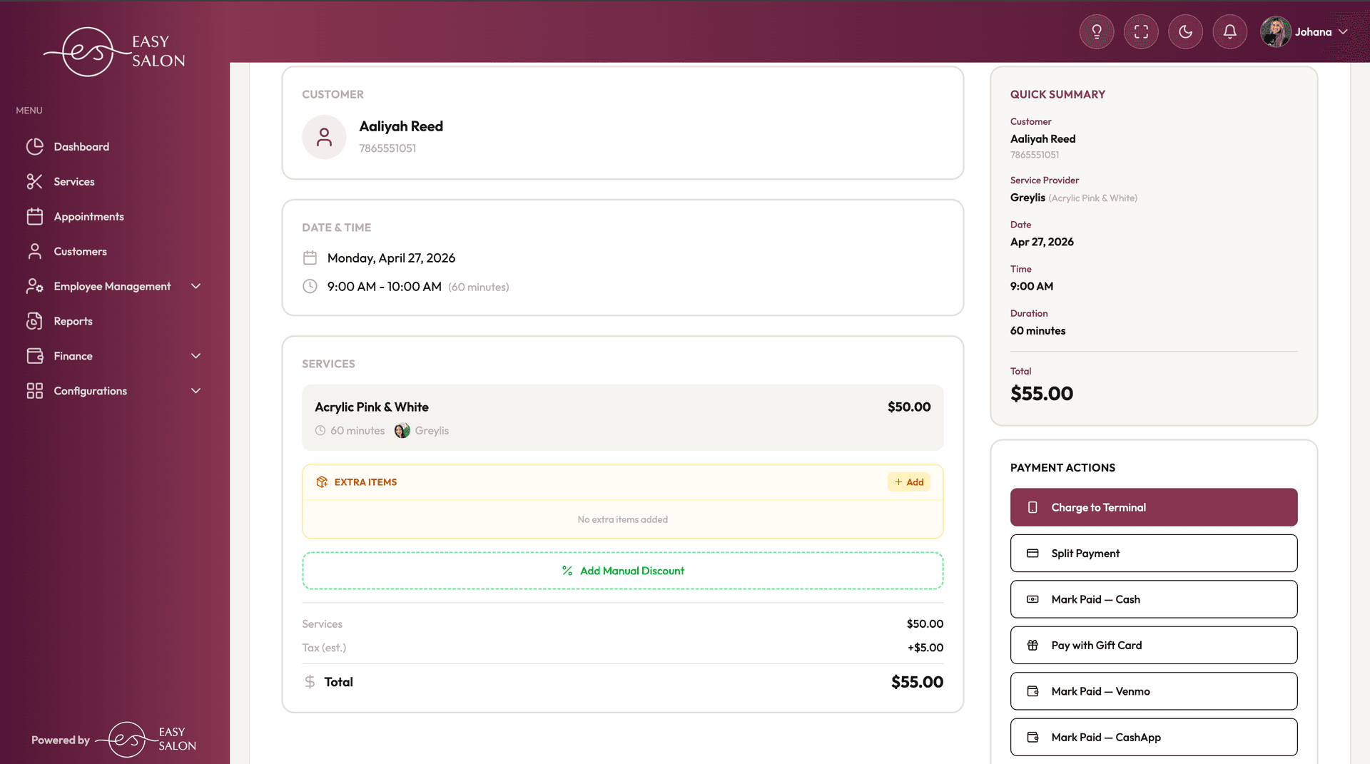 Pantalla de cobro POS de EasySalon mostrando total del servicio con opciones de pago: terminal Stripe, efectivo, Venmo, CashApp, tarjeta regalo y pago dividido
