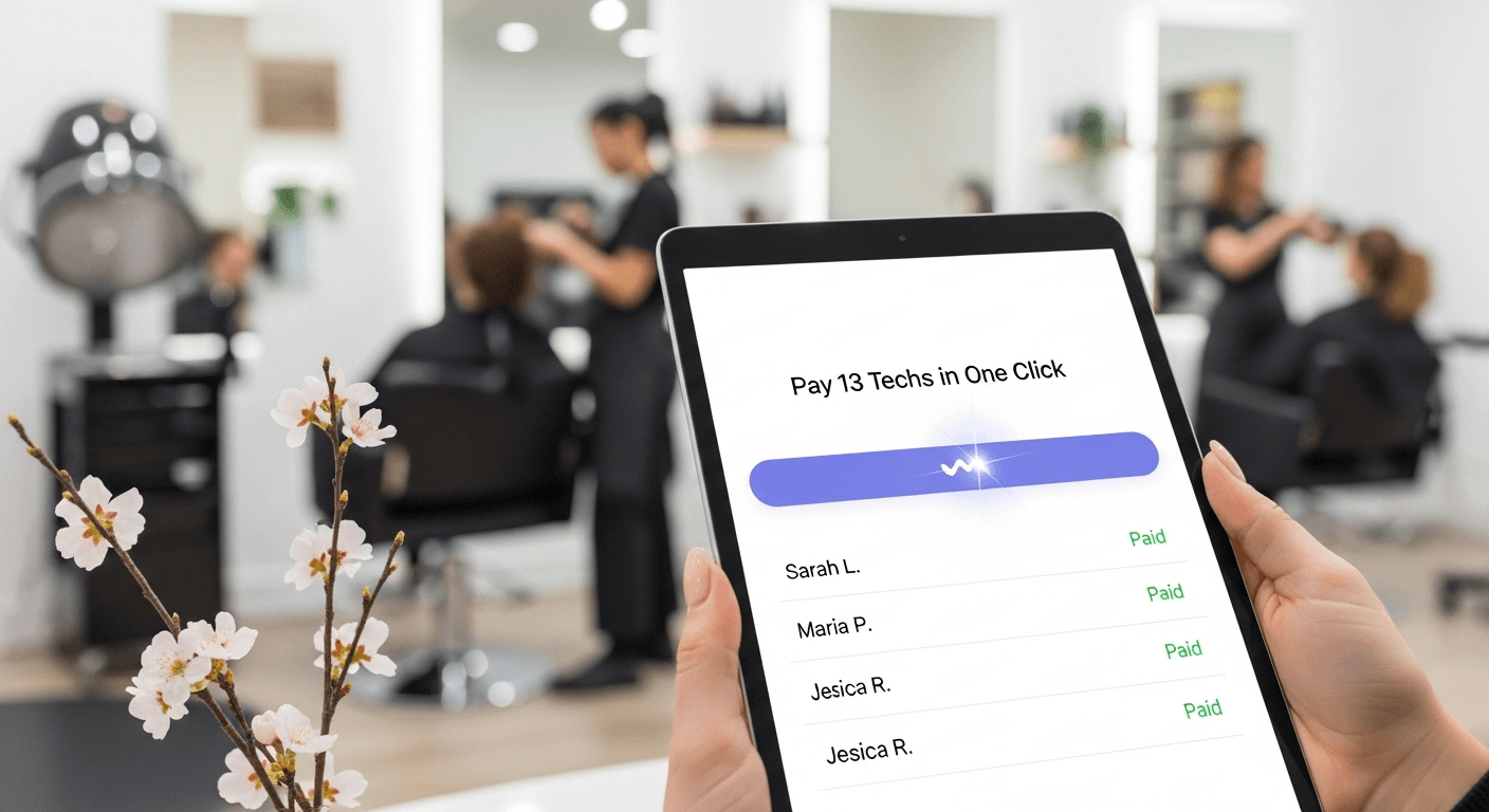 Mother's Day Salon Payroll: Pay 13 Techs in One Click